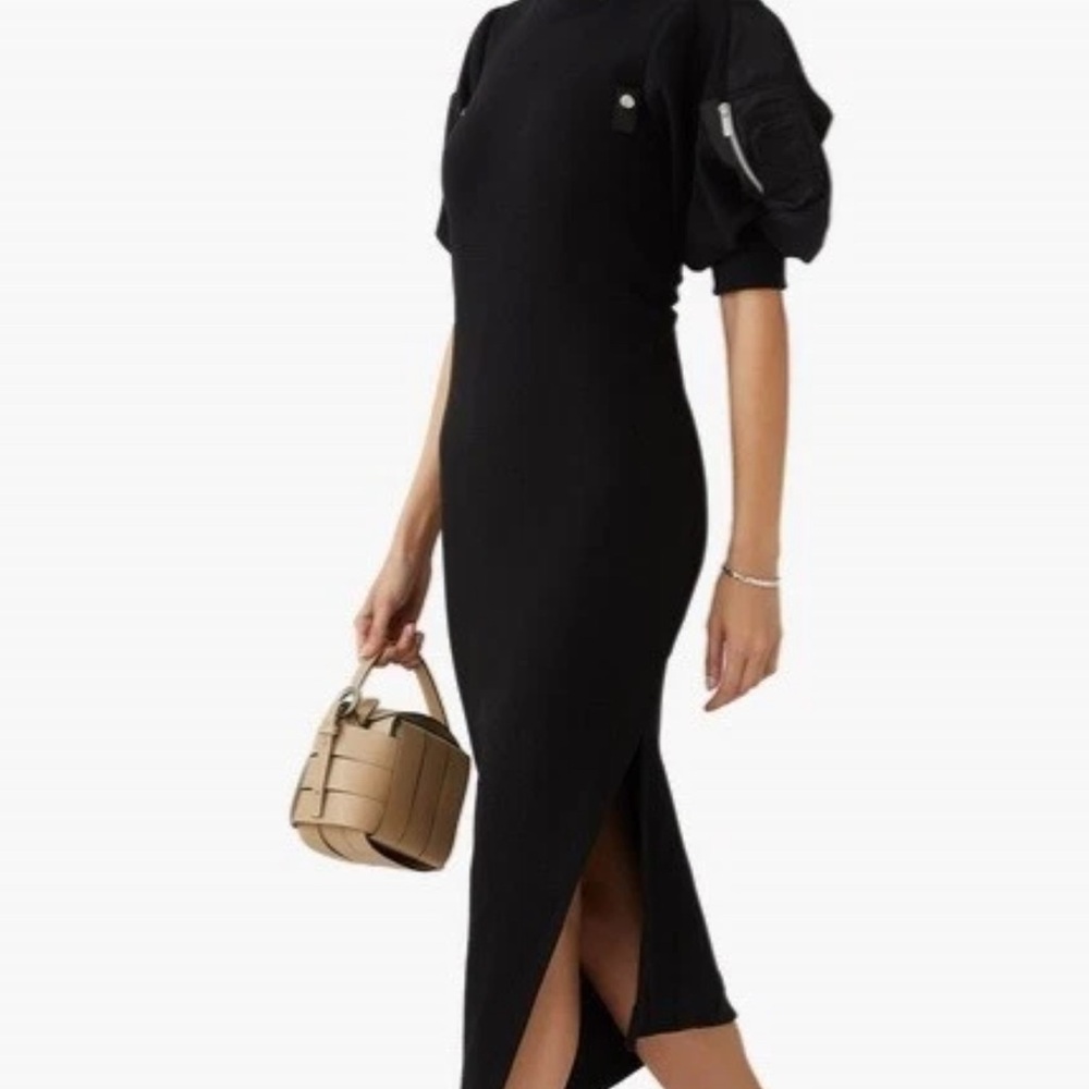 Sacai Women's Shell-Trimmed Ribbed Dress Puff Sleeve Black NWT